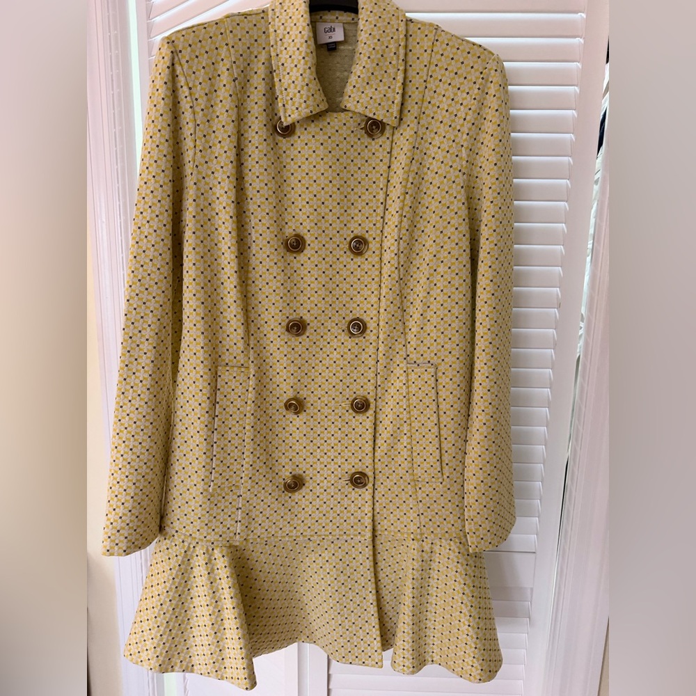 CAbi Yellow Patterned double breasted dress with pockets extra small